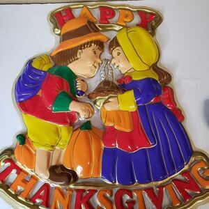 Vintage Plastic Blow Mold Thanksgiving Wall Decor Pilgrim School Holiday 20"